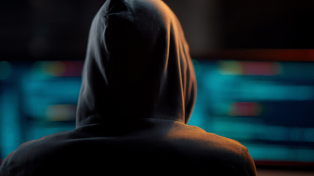 Person wearing hoodie facing computer screens displaying code in a dark room, evoking themes of hacking, cybersecurity, and digital anonymity