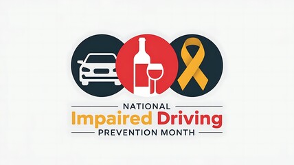National impaired driving prevention month awareness graphic featuring a car wine bottle and glass and awareness ribbon