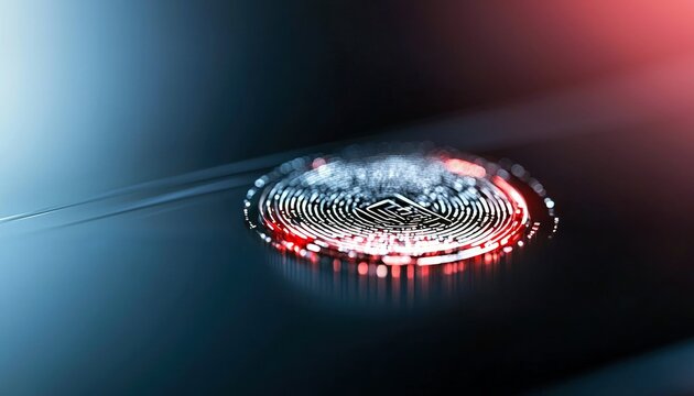A close-up, abstract view of a glowing digital fingerprint scanner emitting red and blue light, symbolizing digital identity and security. - Powered by Adobe