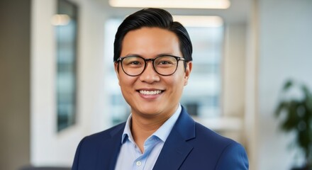 Fototapeta premium A man in a blue suit and glasses smiling in an office setting.