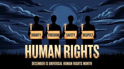 Silhouettes of four people holding candles with words like liberty equality and justice on them against a dramatic night sky symbolizing human rights