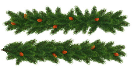 Two festive garlands of green pine branches with red ornaments