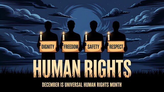 Silhouettes of four people holding candles with words like liberty equality and justice on them against a dramatic night sky symbolizing human rights
