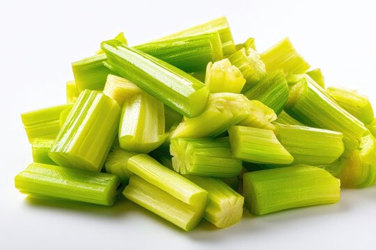 Mont&oacute;n de apio picado sobre un fondo blanco.