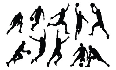 Set of Basketball Player Silhouettes, Various Basketball Action Poses, Collection of Black Sports Figures, Basketball Players Dribbling, Jumping, and Shooting Silhouettes
