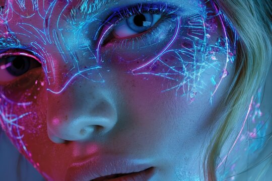 Primer plano de un rostro iluminado con luces LED azules y magenta, creando un efecto futurista y et&eacute;reo.