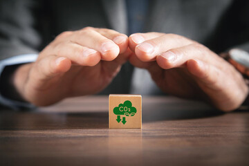 Carbon emission concept. Sustainable business development. Net zero emissions. Renewable energy, sustainable technology, ecology solutions. Wood block with CO2 emission reduction icon.