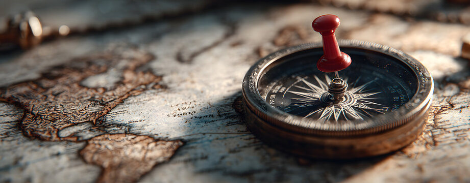Magnetic compass and location marking with a pin on routes on world map. Adventure, discovery, navigation, communication, logistics, geography, transport and travel theme concept background..