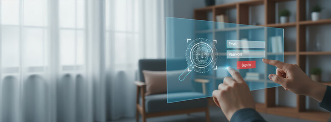 Futuristic login interface with digital fingerprint scanning and AI security features preventing deepfake crimes in modern home office environment