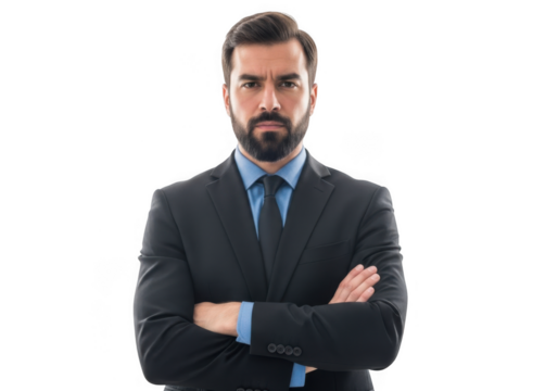Serious bearded businessman in a formal suit with arms crossed, looking directly at the camera, isolated on transparent background