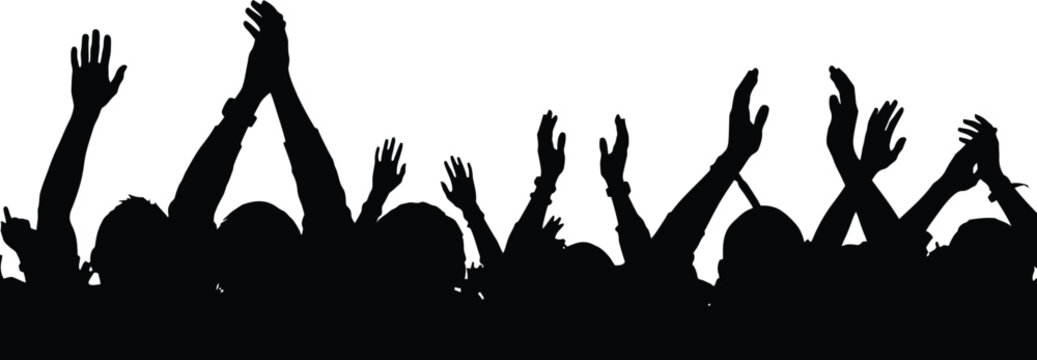 Silhouettes of an excited crowd with hands raised in celebration and applause, creating a vibrant atmosphere of joy and energy, isolated on white background