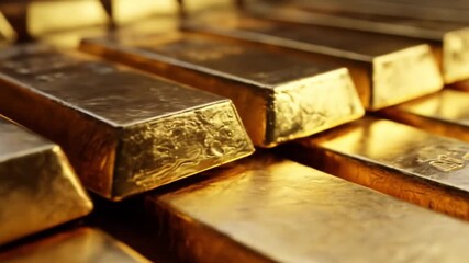 Shiny gold bars stacked in rows, reflecting bright light with warm metallic glow and orderly sheen!!
