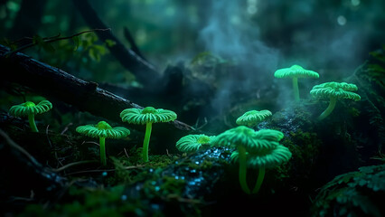 Glowing Mushrooms in Forest Creating a Magical Atmosphere | Enchanted Forest with Glowing Mushrooms | Bioluminescent Mushrooms in Mystical Forest
