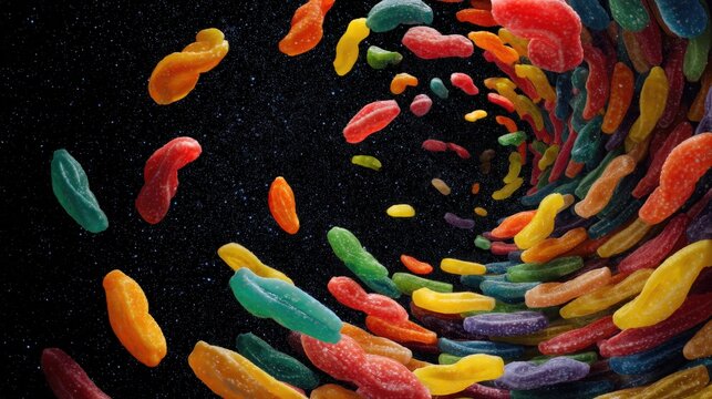 Un vibrante t&uacute;nel de gomitas de colores contra un fondo negro estrellado.
