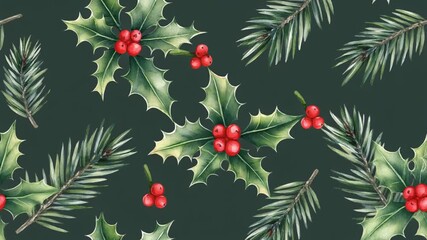 Festive watercolor seamless pattern with traditional holly, red berries, and evergreen fir branches, perfect for winter holiday backgrounds and seasonal designs - Powered by Adobe