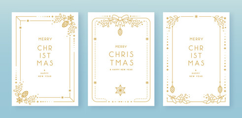 Set of modern Christmas frames or holiday greeting cards on white background. Line art vector illustration © annbozhko