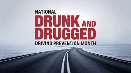 National drunk and drugged driving prevention month awareness campaign graphic with a road leading into a snowy landscape