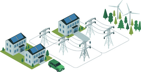Isometric renewable energy neighborhood, solar powered houses, wind turbines, power lines and electric grid connection, sustainable eco community clean energy concept illustration