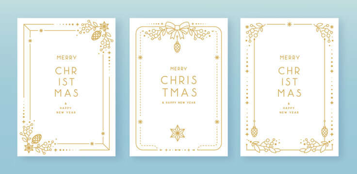 Set of modern Christmas frames or holiday greeting cards on white background. Line art vector illustration