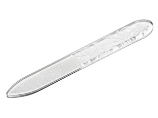 Transparent glass nail file with etched handle for professional use on a transparent background