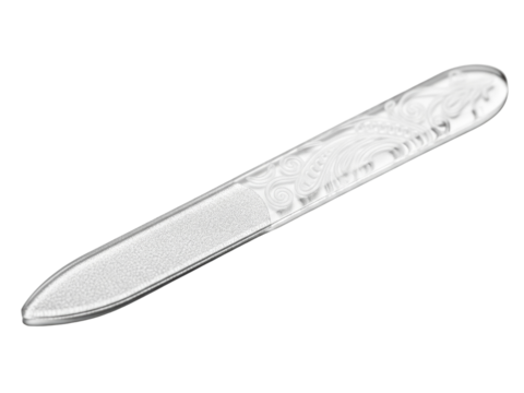 Transparent glass nail file with etched handle for professional use on a transparent background
