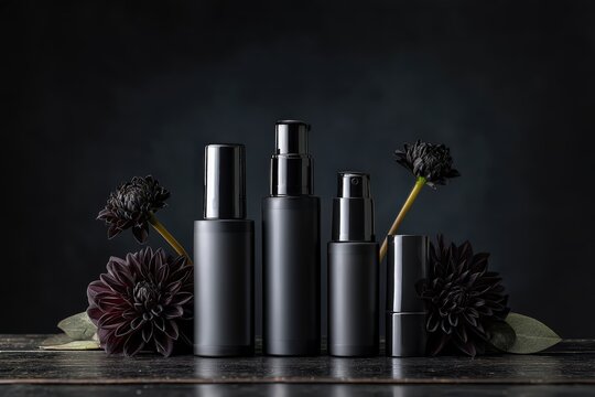 Una composici&oacute;n art&iacute;stica de frascos negros y flores oscuras sobre una superficie de madera.