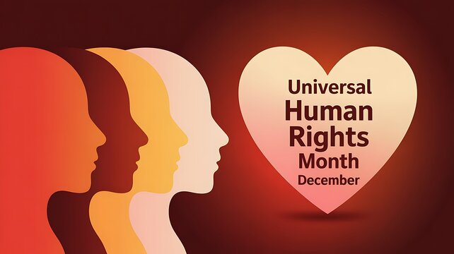 Diverse human profiles in silhouette alongside a glowing heart symbolizing universal human rights month in december