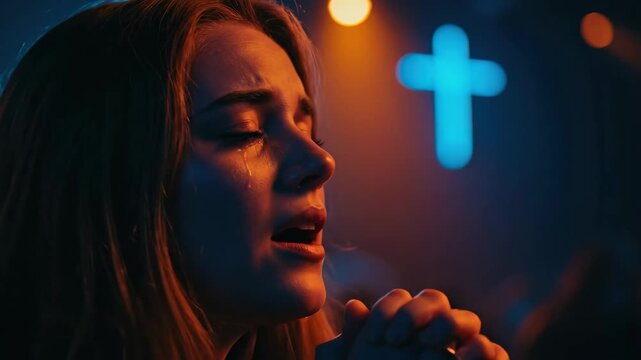 Woman crying and praying with open hand gesture to a glowing cross, concept of prayer, seeking comfort and spiritual guidance