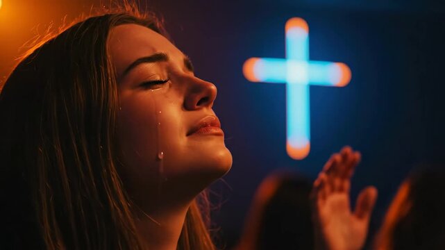 Woman cries in passionate prayer, hands raised in worship before a glowing cross, seeking spiritual guidance and solace