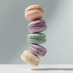 stack of pastel macarons levitating over a white surface, subtle shadows, minimal food shot
