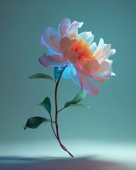 single peony flower made of neon tubes, against soft teal background, whimsical still-life