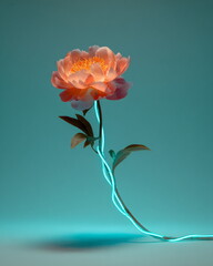 single peony flower made of neon tubes, against soft teal background, whimsical still-life