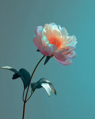 single peony flower made of neon tubes, against soft teal background, whimsical still-life