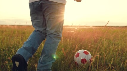 People nature, child kid kicking soccer ball sunset, child playing ball lawn outdoors, playground park, schoolboy playing, warm sunset soccer, carefree steps, soft breeze, endless summer mood., nature - Powered by Adobe