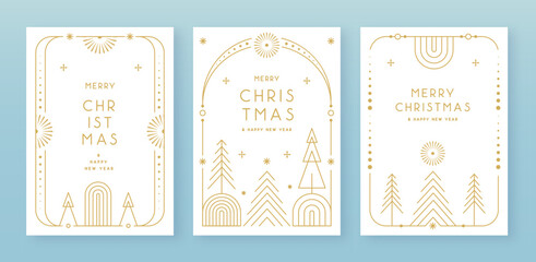 Set of modern Christmas frames or holiday greeting cards on white background. Line art vector illustration