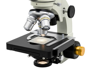 Fototapeta premium Laboratory microscope with metal lenses examining specimen slide on a transparent background