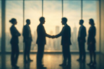 Abstract Blurry Business Handshake Deal with Silhouette People and Skyscraper