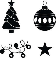 Christmas holiday decoration element black silhouette vector illustration set with Christmas tree bauble lights and star on isolated background for graphic design or festive card creation purpose.