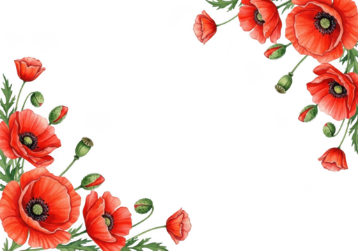 Vibrant red poppy flowers and buds in a watercolor corner frame, isolated on transparent background - Powered by Adobe