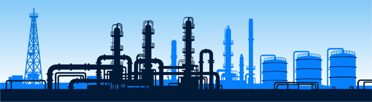 Industrial refinery silhouette on blue gradient background