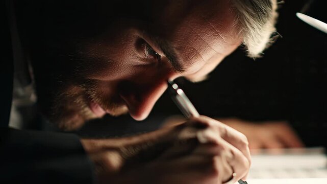 Intense concentration in a dimly lit atmosphere of a man focused on signing documents