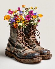 pair of old leather boots planted with colourful flowers, clean white background, surreal still-life