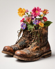 pair of old leather boots planted with colourful flowers, clean white background, surreal still-life