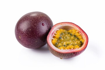 Whole and half fresh purple passion fruit isolated on white background. Exotic tropical maracuja with yellow seeds and juice drops. Healthy raw vegetarian sweet dessert ingredient macro.