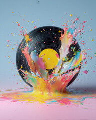 vinyl record with colourful paint splash frozen in mid-air, pastel backdrop, high resolution