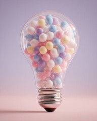 light bulb filled with tiny balloons inside, pastel background, clean studio shot