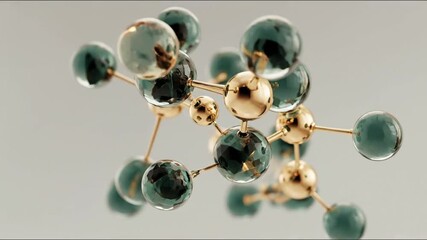 A molecular structure featuring golden spheres  teal crystallike spheres connected by golden rods - Powered by Adobe