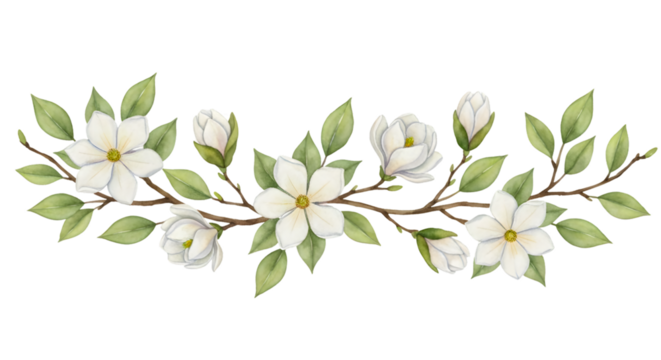 Elegant white magnolia flowers and green leaves garland on black background