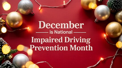 December is national impaired driving prevention month message with festive holiday decorations and glowing lights