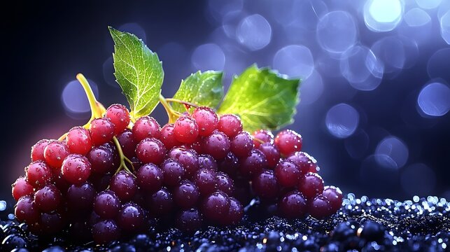 Fresh red grapes resting on a dark surface with raindrops sparkling in the background under soft light - Powered by Adobe